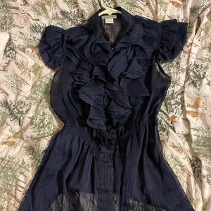 Dark Blue Vintage Ruffle Button Down Blouse
